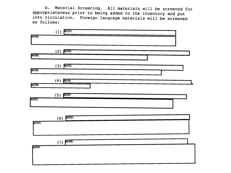 The criteria for censoring library materials was entirely redacted